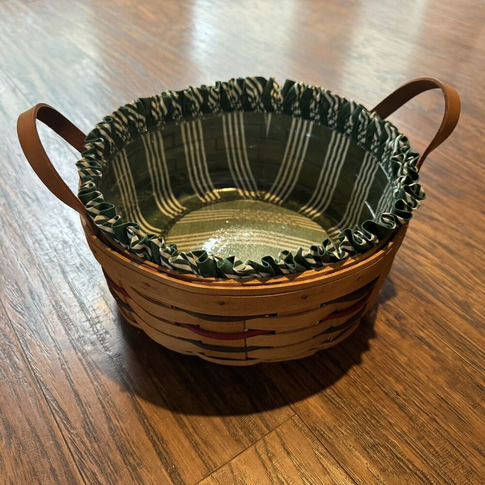 Longaberger Basket 1999 Red Green Woven Green Striped Liner Plastic Protector